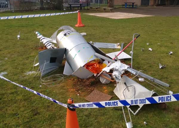 A mock up of a spaceship crash on school field