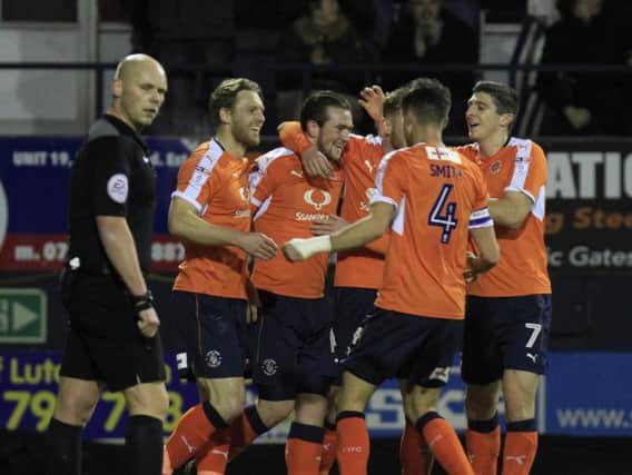 Jack Marriott celebrates putting Luton 2-0 in front against Chesterfield