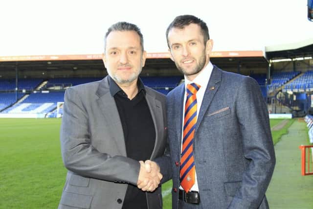 Nathan Jones is unveiled as Luton Town boss with chief executive Gary Sweet in January 2016