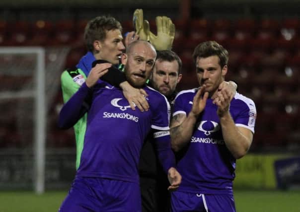 Nathan Jones celebrates victory over Crewe at the weekend