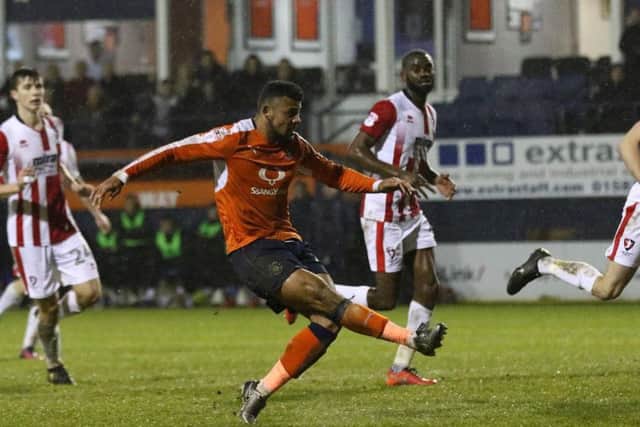 Isaac Vassell fires home for Luton against Cheltenham