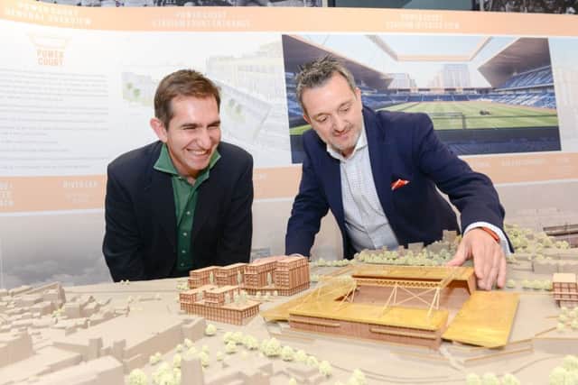 Hatters chief executive Gary Sweet and architect Manuel Nogueira with the club's plans for Power Court