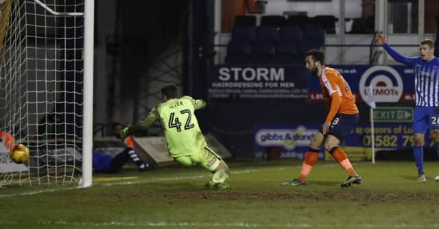 Ollie Palmer scores his first goal for Luton against Hartlepool