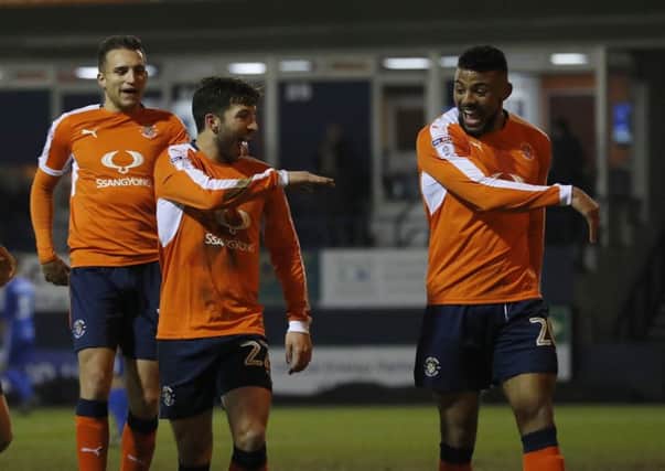 Luke Gambin celebrates his first Luton goal with Isaac Vassell