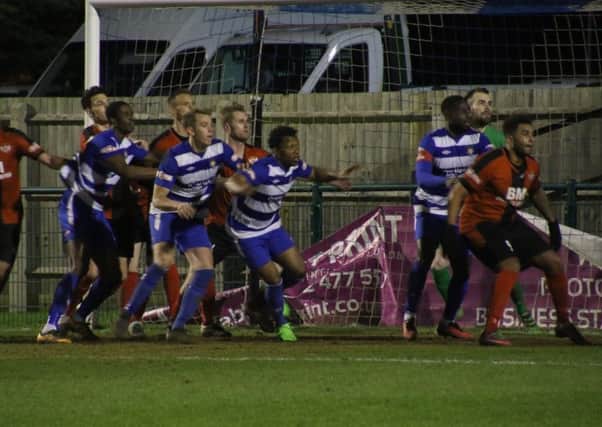 Dunstable Town and Kettering Town jostle for a corner - pic: Peter Short