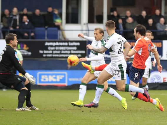 Danny Hylton scores Luton's opener this afternoon
