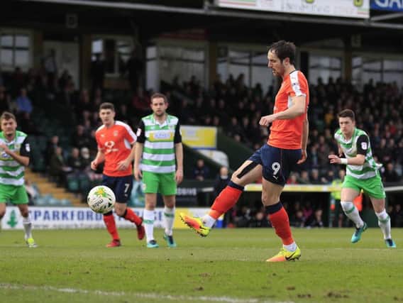 Danny Hylton makes it 1-0 to Luton from the penalty spot at Yeovil this afternoon