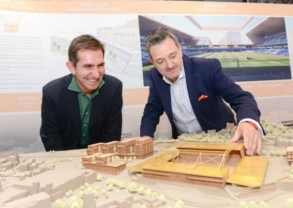 Architect Manuel Nogueira (left) and Hatters chief executive Gary Sweet with the Power Court stadium model