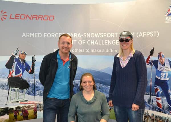 A trio of brave athletes from the Armed Forces Para Snowsport Team visited Luton-based defence and security company Leonardo where employees are launching a Spirit of Challenge fundraising campaign to support them. they are from left Jamie Weller, Nerys Pearce and Tiffany Oatway