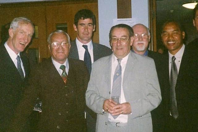 John Moore, Danny Fallon, Mike Newell, Brian Swain, Den O'Donoghue, Brian Stein and Mick Harford at a Luton Town awards night