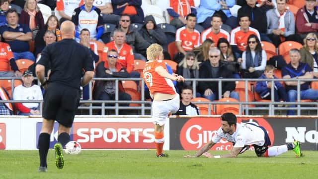 Mark Cullen opens the scoring for Blackpool against Luton