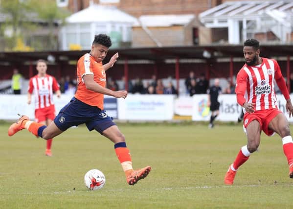 Hatters defender James Justin scores his first professional goal against Accrington
