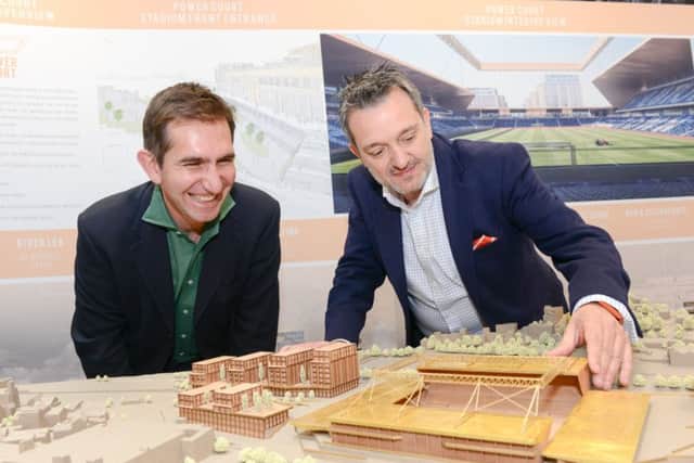 Architect Manuel Nogueira (left) and Hatters chief executive Gary Sweet share a joke as the lid is lifted on LTFC's plans for Power Court last summer