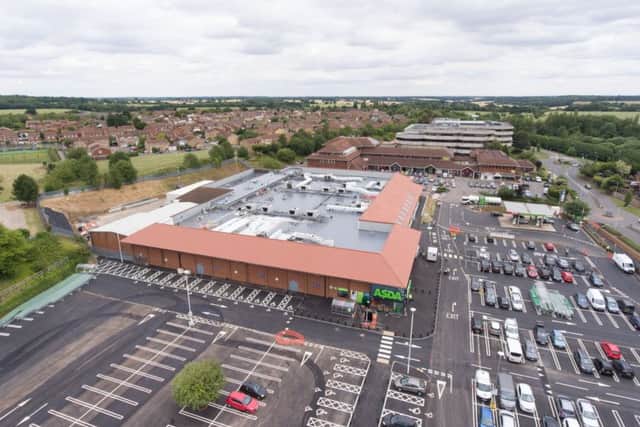 Asda Luton reopens, view from drone flying above the store
