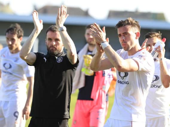 Luton boss Nathan Jones and goalscorer Olly Lee salute Town's travelling army at Barnet last season