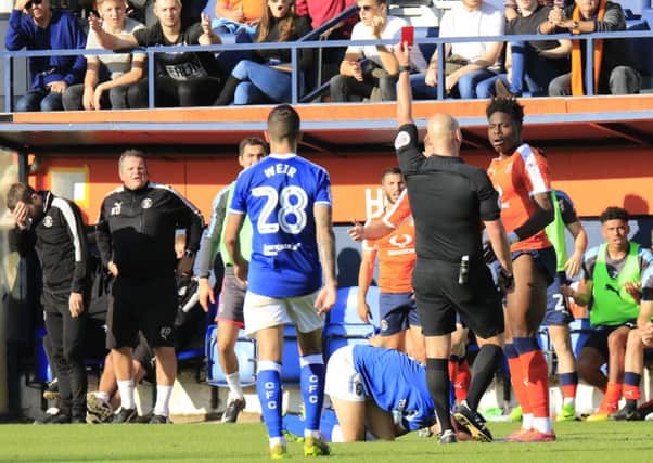 Pelly-Ruddock Mpanzu is shown red against Chesterfield