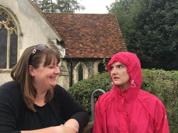 Katy Elliot as Geraldine and Chloe Badham as Alice visiting filming locations for the television series in Turville, Buckinghamshire