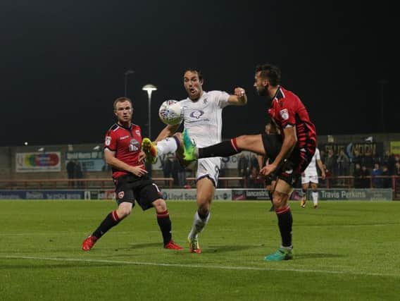 Danny Hylton takes the ball down against Morecambe this evening