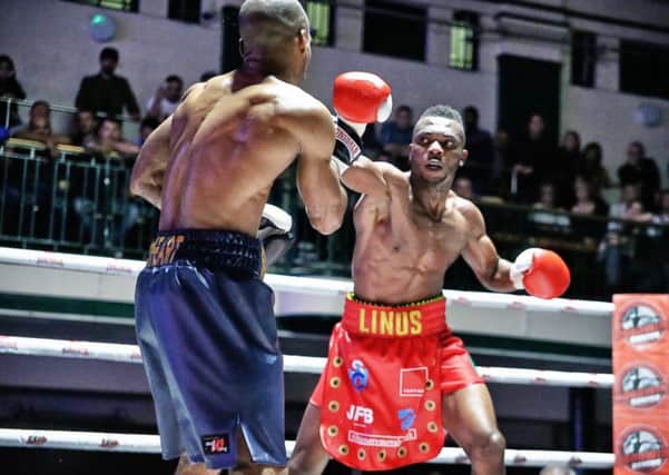 Linus Udofia in action at York Hall - pic: Natalie Mayhew, ButterflyBoxing