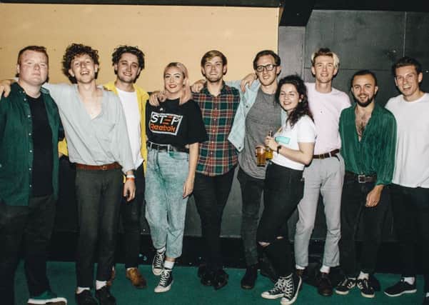 From left to right: James Deacon (Rylands Heath), Rob Brander (Marsicans), James Newbigging (Marsicans), Erin Gibson (Idle Frets), Ben Davies (Idle Frets), Luke Lewis (Idle Frets), a friend of the bands,  Oliver Jameson (Marsicans), Matthew McHale (Marsicans) and Jack Cowap (Rylands Heath). Credit: Jake Haseldine.