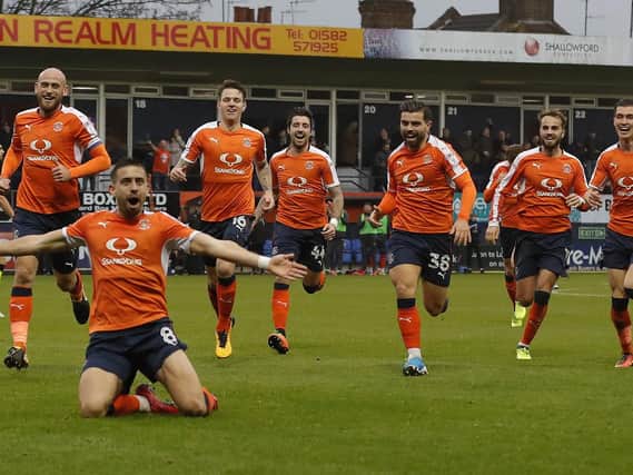 Hatters midfielder Olly Lee celebrates his goal against Cambridge that has taken Twitter by storm