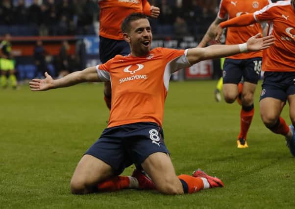 Hatters midfielder Olly Lee celebrates his moment of magic at the weekend