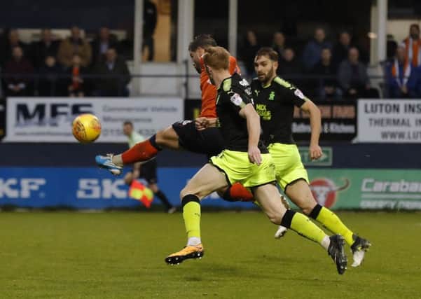Elliot Lee scores a superb volley for Luton at the weekend
