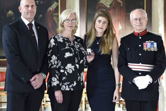 Ceremony: Dad Trevor, mum Jane, sister Hannah and Wing Commander Mike Dudgeon OBE DL.